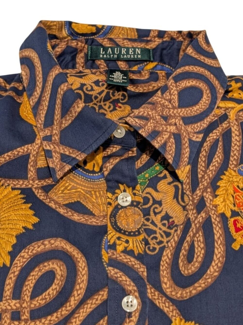 Lauren Ralph Lauren Navy Blue Button-Up Blouse Gold Chain Emblem Print Womens XL - Picture 3 of 14